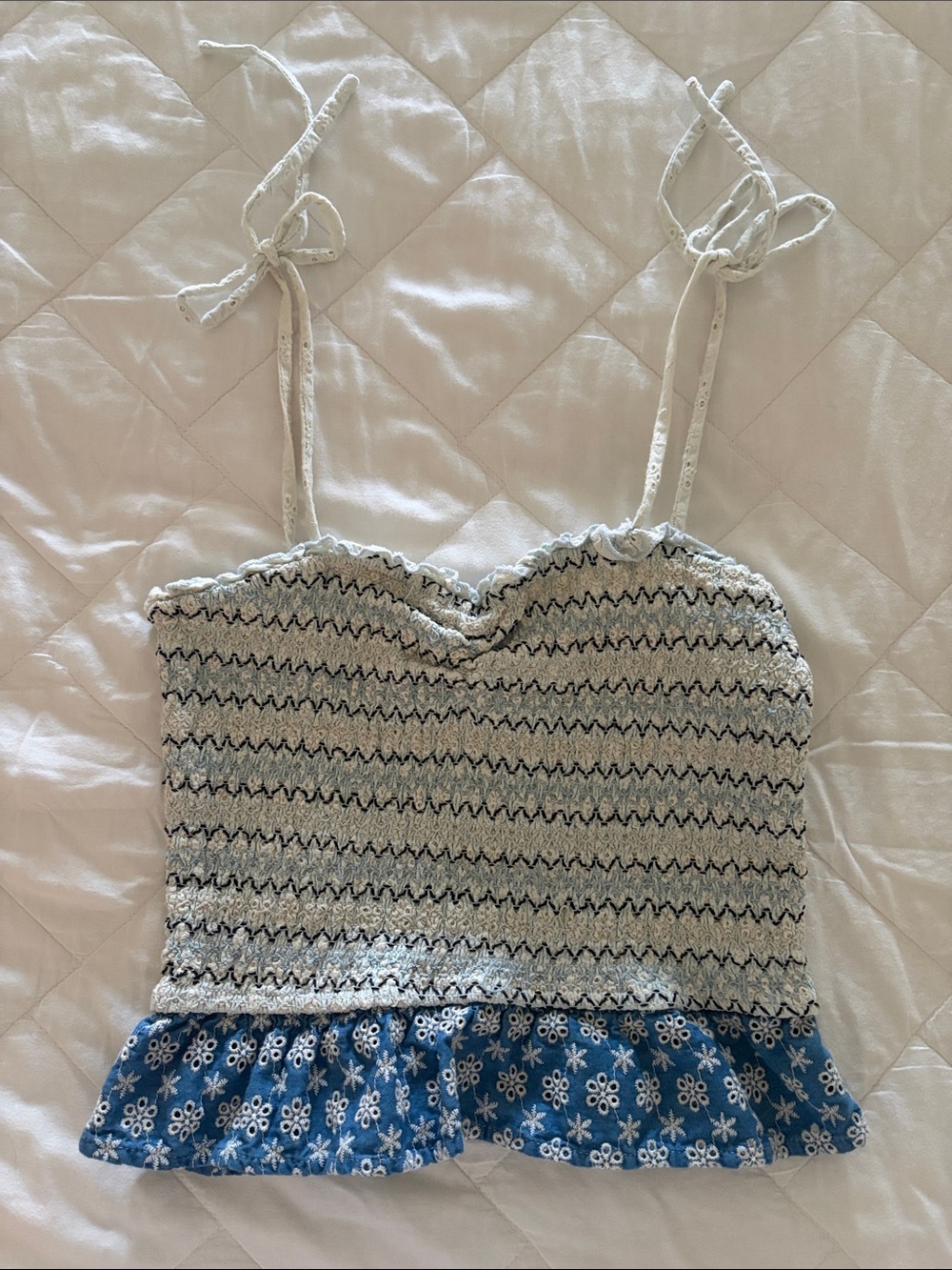 Anthropologie STORIA Smocked White & Blue Floral Ruffle Cami Top